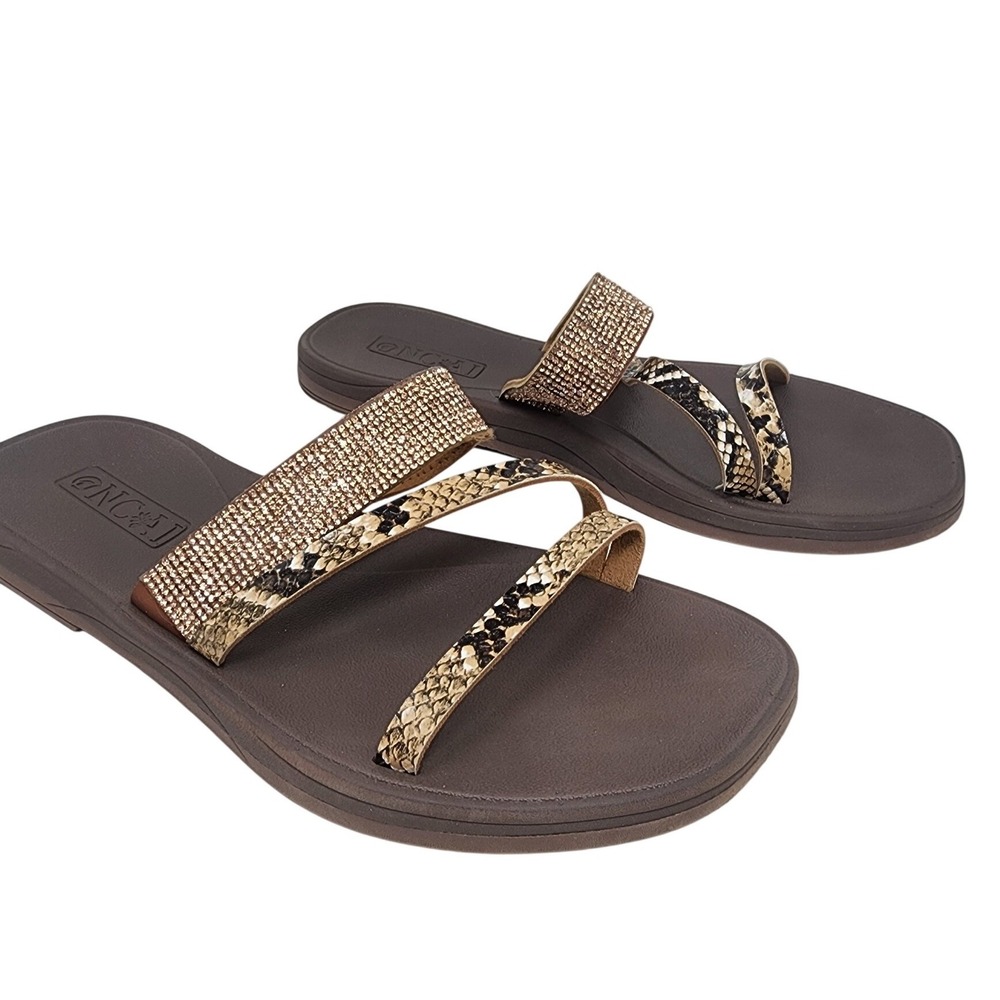 ONCAI Womens Rhinestone Snakeskin Strappy‎ Slide Sandals Brown Gold Size 8.5